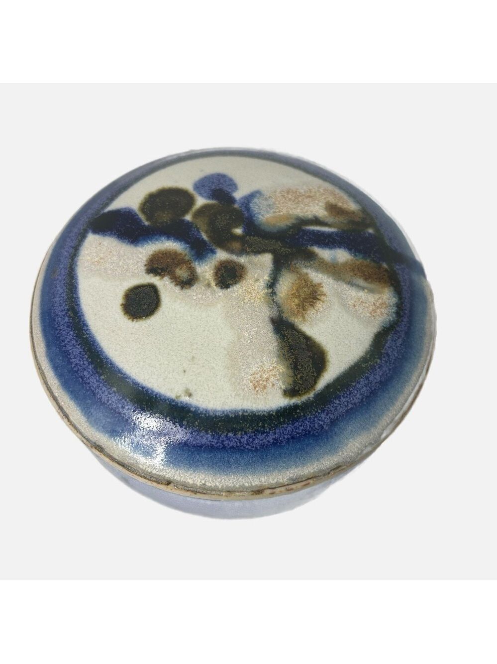 Art Studio Pottery Stoneware Jar with Lid Floral Round Blue White Signed